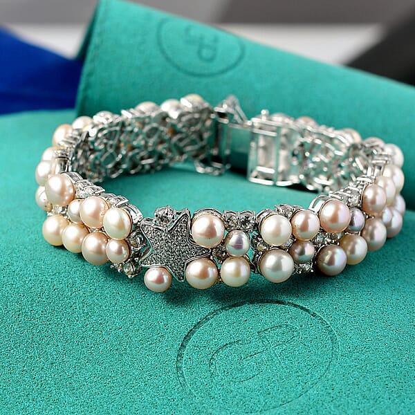 GP Capri Special Collection Freshwater Pearl And White Zircon 10.50 Ctw Bracelet In Rhodium Over Sterling Silver (7.25 In)
