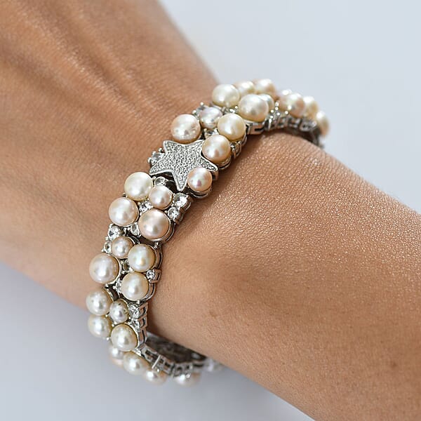 GP Capri Special Collection Freshwater Pearl And White Zircon 10.50 Ctw Bracelet In Rhodium Over Sterling Silver (7.25 In)