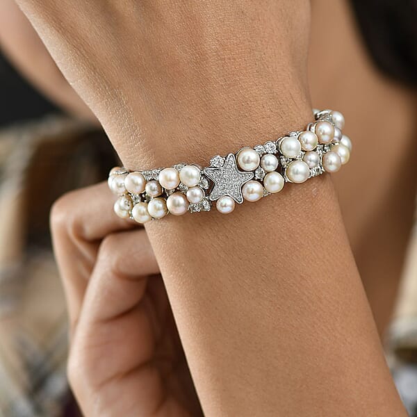 GP Capri Special Collection Freshwater Pearl And White Zircon 10.50 Ctw Bracelet In Rhodium Over Sterling Silver (7.25 In)