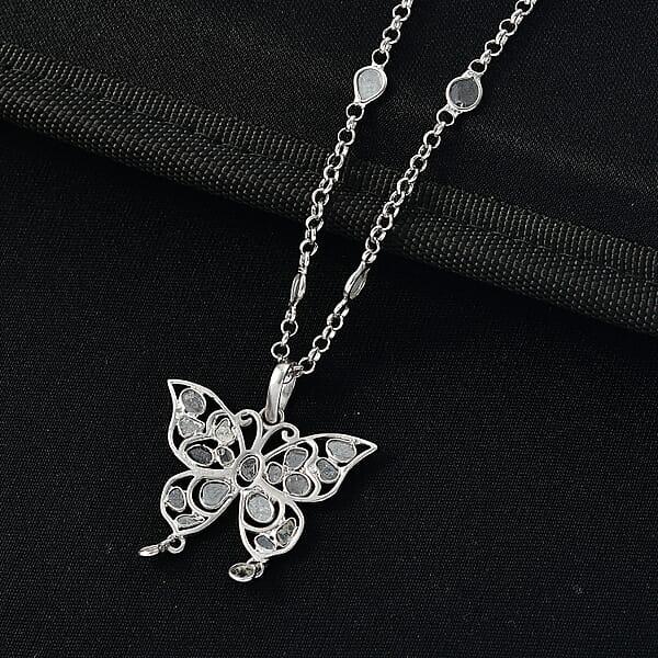 GP Celestial Dream Collection Polki Diamond Butterfly Pendant Necklace In Platinum Over Sterling Silver 3.50 Ctw (20 Inches)