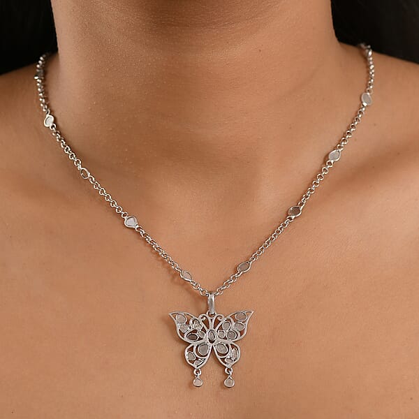 GP Celestial Dream Collection Polki Diamond Butterfly Pendant Necklace In Platinum Over Sterling Silver 3.50 Ctw (20 Inches)