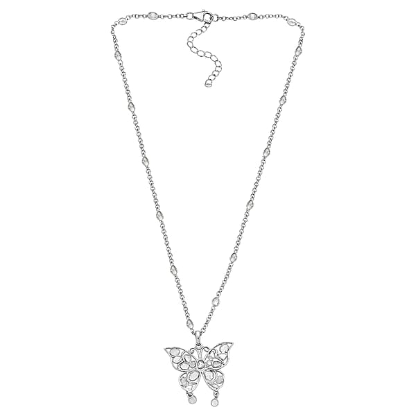 GP Celestial Dream Collection Polki Diamond Butterfly Pendant Necklace In Platinum Over Sterling Silver 3.50 Ctw (20 Inches)
