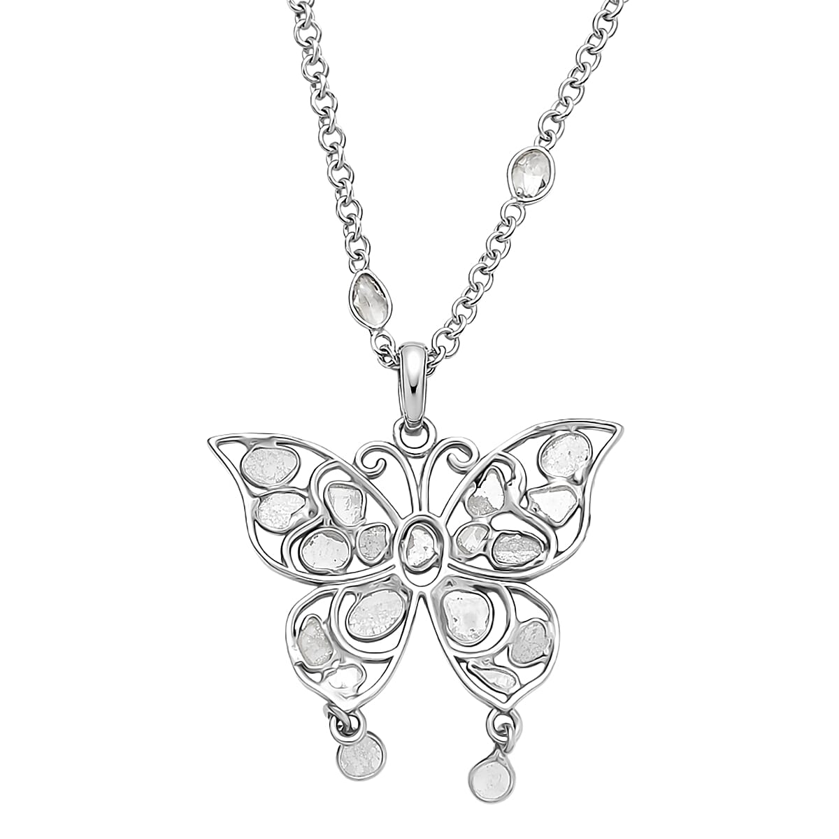 GP Celestial Dream Collection Polki Diamond Butterfly Pendant Necklace in Platinum Over Sterling Silver 3.50 ctw (20 Inches)