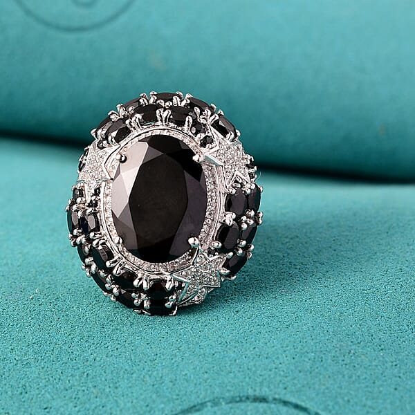 GP Celestial Dream Collection Thai Black Spinel And White Zircon 16.10 Ctw Ring In Rhodium Over Sterling Silver