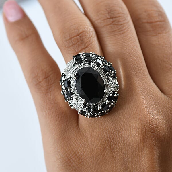 GP Celestial Dream Collection Thai Black Spinel And White Zircon 16.10 Ctw Ring In Rhodium Over Sterling Silver