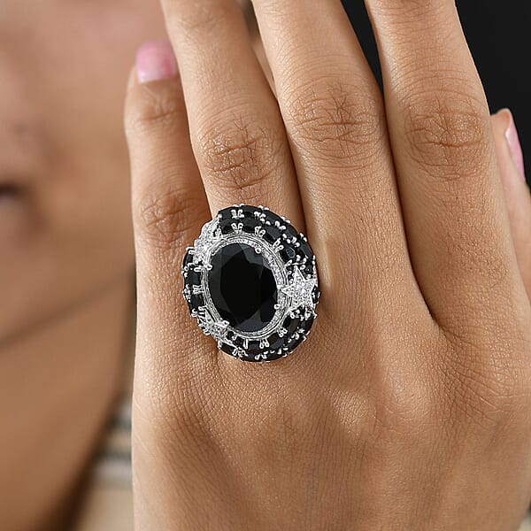 GP Celestial Dream Collection Thai Black Spinel And White Zircon 16.10 Ctw Ring In Rhodium Over Sterling Silver