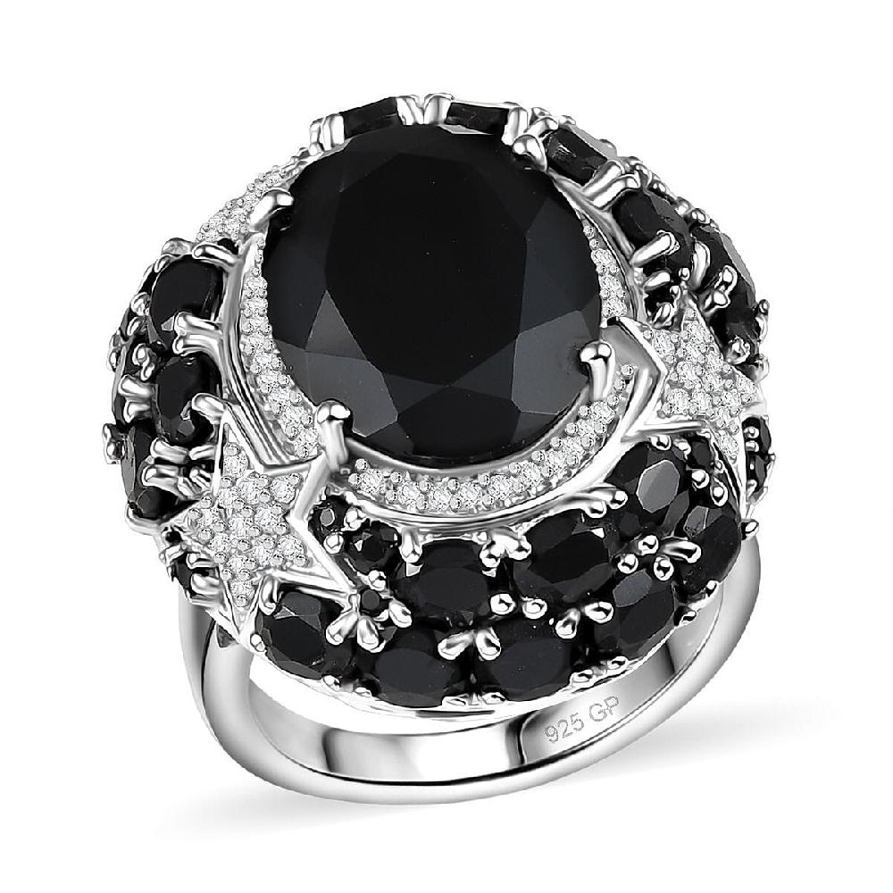 GP Celestial Dream Collection Thai Black Spinel and White Zircon 16.10 ctw Ring in Rhodium Over Sterling Silver