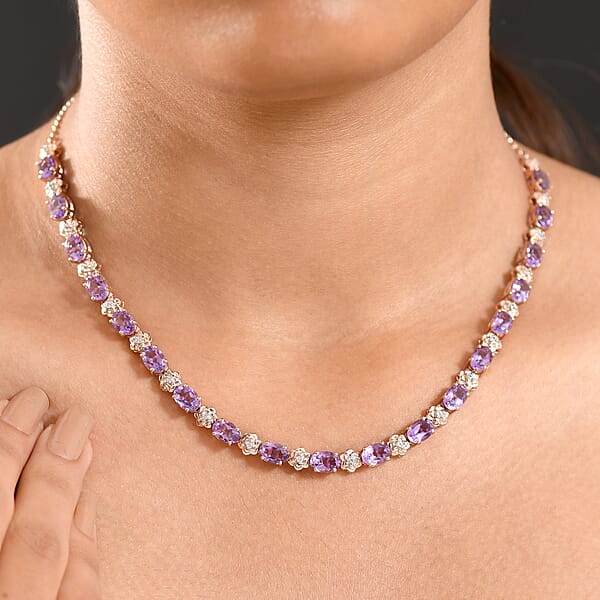 GP Italian Garden Collection AAA Rose De France Amethyst White Zircon Necklace In 18K Vermeil RG Over Sterling Silver 14.60 Ctw (18-20 Inches)