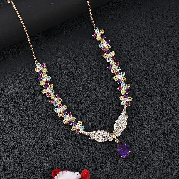 GP Italian Garden Collection African Amethyst And Multi Gemstone 12.85 Ctw Angel Wing Necklace 18 Inches In 18K Vermeil YG Over Sterling Silver And ION Plated YG Stainless Steel