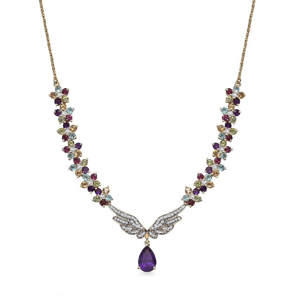 GP Italian Garden Collection African Amethyst and Multi Gemstone 12.85 ctw Angel Wing Necklace 18 Inches in 18K Vermeil YG Over Sterling Silver and ION Plated YG Stainless Steel