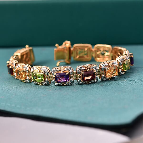 GP Italian Garden Collection Multi Gemstone 13.50 Ctw Bracelet In Rhodium And 18K Vermeil Yellow Gold Over Sterling Silver (6.50 In)