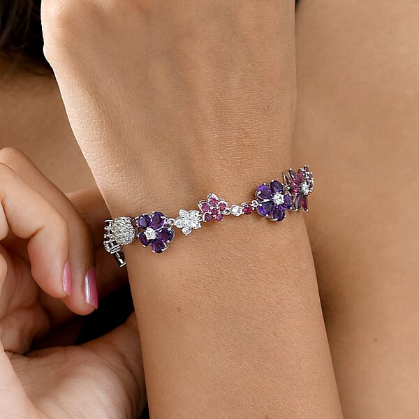 GP Italian Garden Collection Multi Gemstone 18.80 Ctw Floral Bracelet In Rhodium Over Sterling Silver (7.25 In)