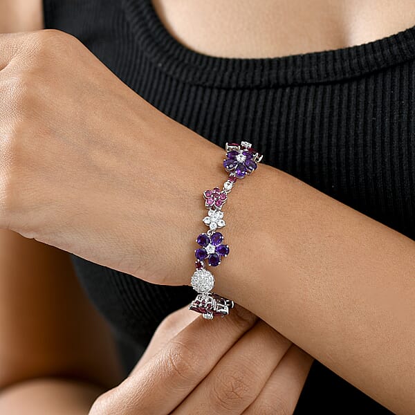 GP Italian Garden Collection Multi Gemstone 18.80 Ctw Floral Bracelet In Rhodium Over Sterling Silver (7.25 In)