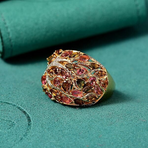GP Italian Garden Collection Multi-Tourmaline And White Zircon 3.90 Ctw Tree Of Life Ring In 18K Vermeil Yellow Gold Over Sterling Silver