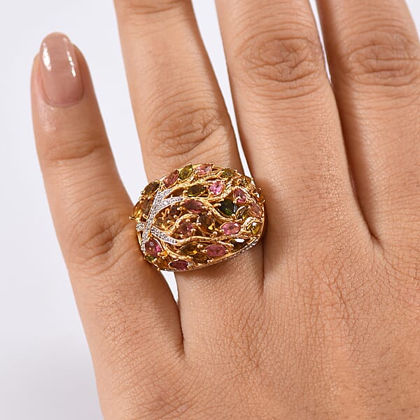 GP Italian Garden Collection Multi-Tourmaline And White Zircon 3.90 Ctw Tree Of Life Ring In 18K Vermeil Yellow Gold Over Sterling Silver