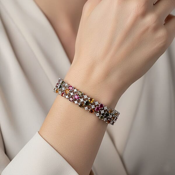 GP Italian Garden Collection Multi-Tourmaline And Multi Gemstone 11.90 Ctw Bracelet In Rhodium Over Sterling Silver (6.50 In)