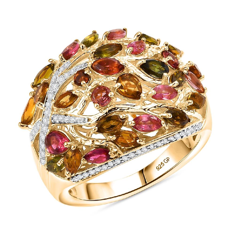 GP Italian Garden Collection Multi-Tourmaline and White Zircon 3.90 ctw Tree of Life Ring in 18K Vermeil Yellow Gold Over Sterling Silver