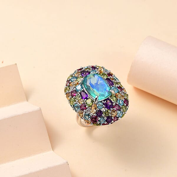 GP Italian Garden Collection Peacock Quartz (Triplet) And Multi Gemstone 21.70 Ctw Ring In Rhodium Over Sterling Silver