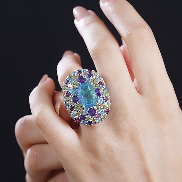 GP Italian Garden Collection Peacock Quartz (Triplet) And Multi Gemstone 21.70 Ctw Ring In Rhodium Over Sterling Silver
