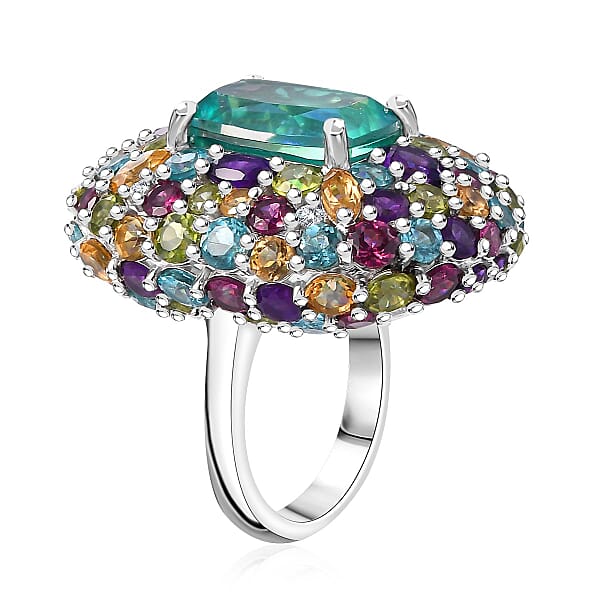 GP Italian Garden Collection Peacock Quartz (Triplet) And Multi Gemstone 21.70 Ctw Ring In Rhodium Over Sterling Silver