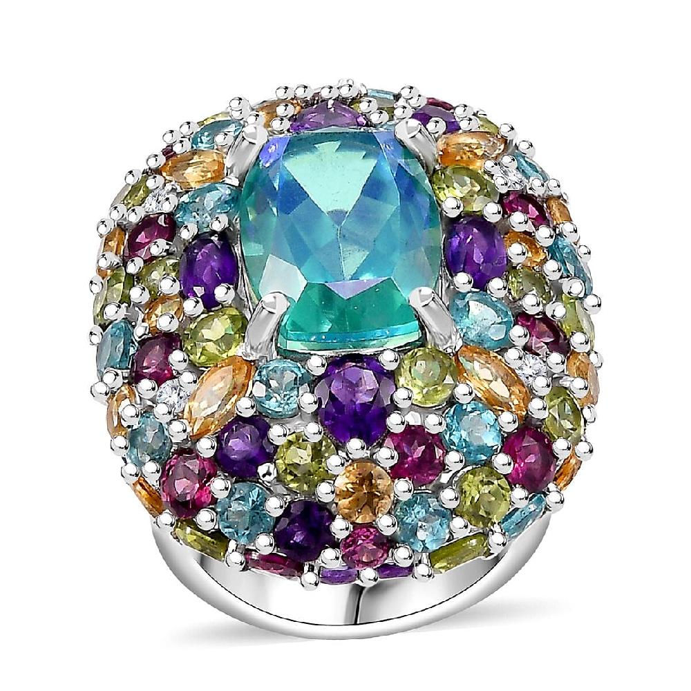 GP Italian Garden Collection Peacock Quartz (Triplet) and Multi Gemstone 21.70 ctw Ring in Rhodium Over Sterling Silver