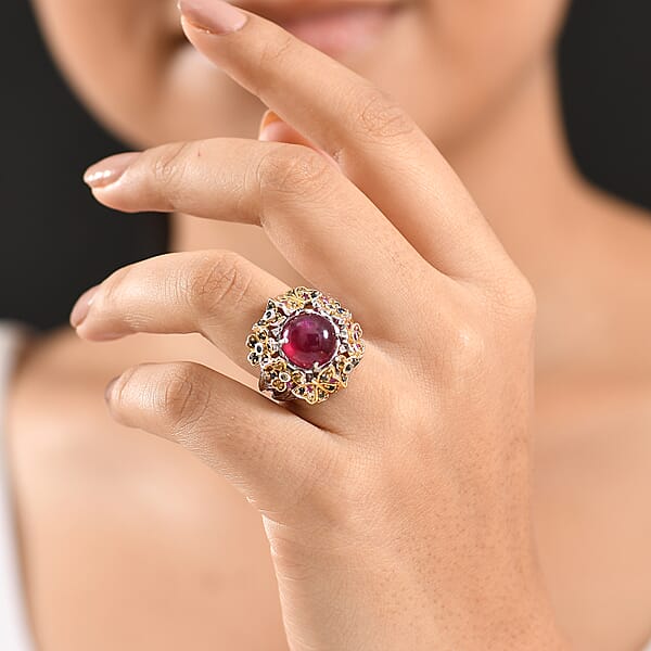 GP Italian Garden Collection Premium African Ruby And Multi Gemstone 10.10 Ctw Ring In 18K Vermeil YG And Rhodium Over Sterling Silver