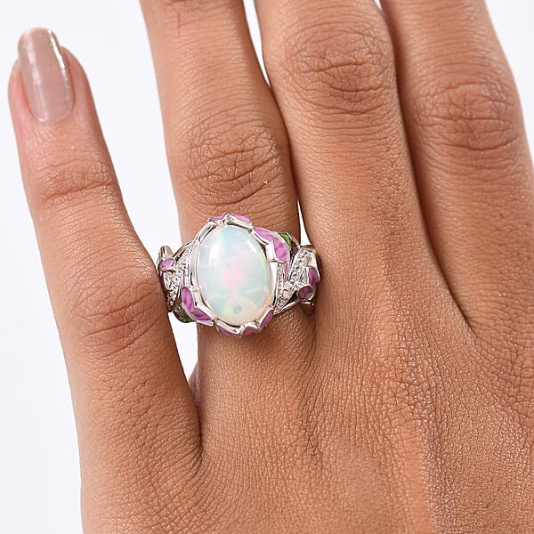 GP Italian Garden Collection Premium Ethiopian Welo Opal Multi Gemstone Ring In Rhodium Over Sterling Silver 4.20 Ctw