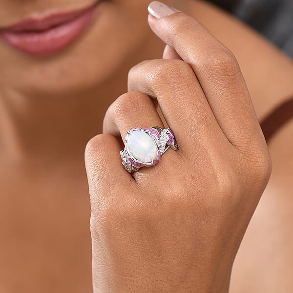 GP Italian Garden Collection Premium Ethiopian Welo Opal Multi Gemstone Ring In Rhodium Over Sterling Silver 4.20 Ctw