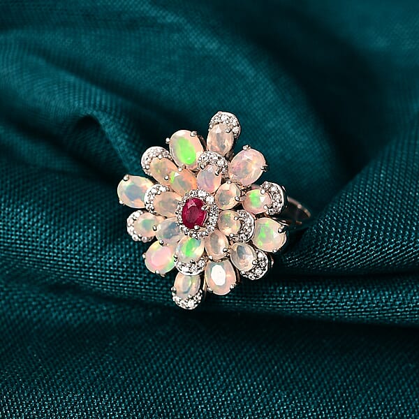 GP Italian Garden Collection Premium Ethiopian Welo Opal And Multi Gemstone 3.85 Ctw Ring In Rhodium Over Sterling Silver