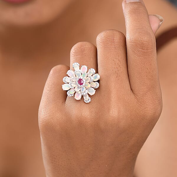 GP Italian Garden Collection Premium Ethiopian Welo Opal And Multi Gemstone 3.85 Ctw Ring In Rhodium Over Sterling Silver