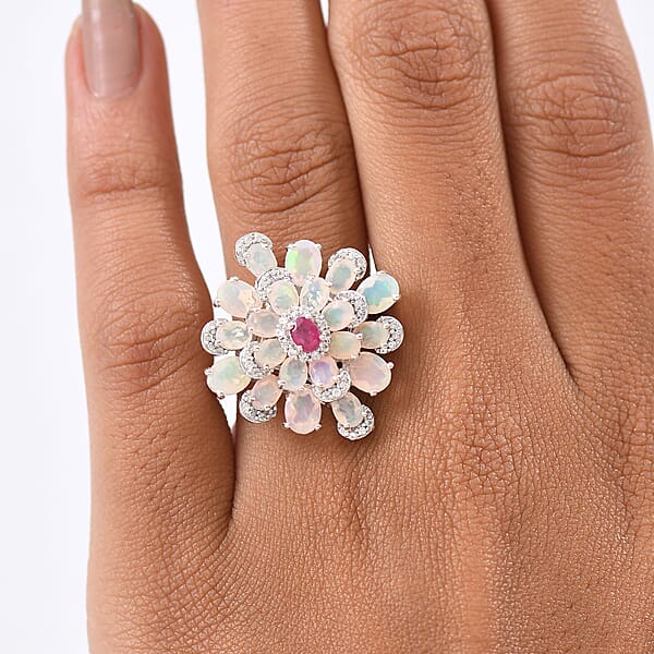 GP Italian Garden Collection Premium Ethiopian Welo Opal And Multi Gemstone 3.85 Ctw Ring In Rhodium Over Sterling Silver