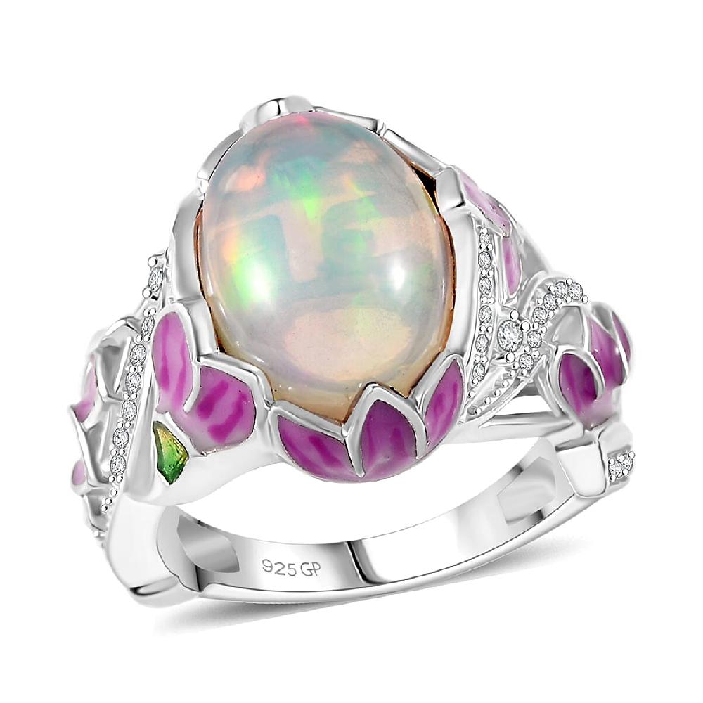 GP Italian Garden Collection Premium Ethiopian Welo Opal Multi Gemstone Ring in Rhodium Over Sterling Silver 4.20 ctw