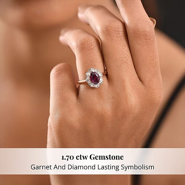 GP Italian Garden Collection Radiant Ember Garnet And Diamond 1.70 Ctw Ring In 18K Vermeil Rose Gold Over Sterling Silver (Del. In 12-15 Days)