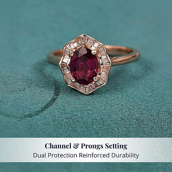 GP Italian Garden Collection Radiant Ember Garnet And Diamond 1.70 Ctw Ring In 18K Vermeil Rose Gold Over Sterling Silver (Del. In 12-15 Days)