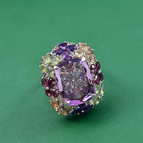 GP Italian Garden Collection Rose De France Amethyst Multi Gemstone Ring In Rhodium Over Sterling Silver 15.70 Ctw