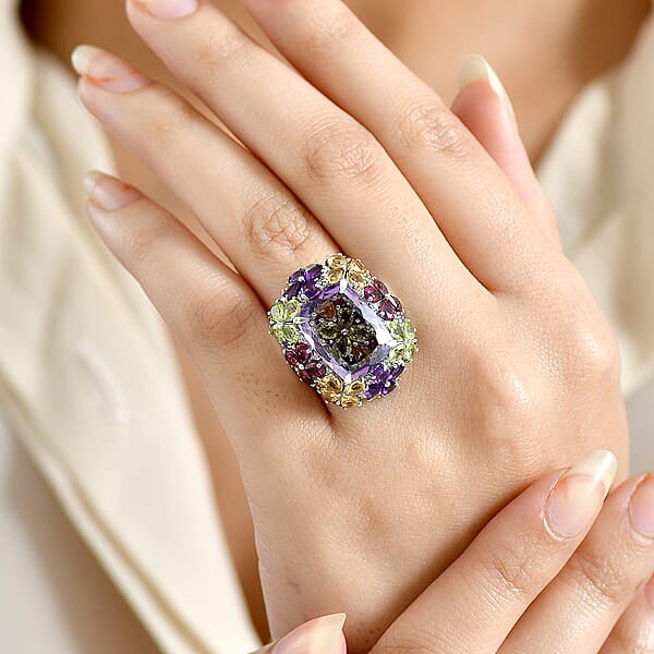 GP Italian Garden Collection Rose De France Amethyst Multi Gemstone Ring In Rhodium Over Sterling Silver 15.70 Ctw