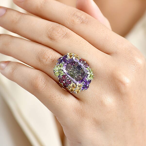 GP Italian Garden Collection Rose De France Amethyst Multi Gemstone Ring In Rhodium Over Sterling Silver 15.70 Ctw