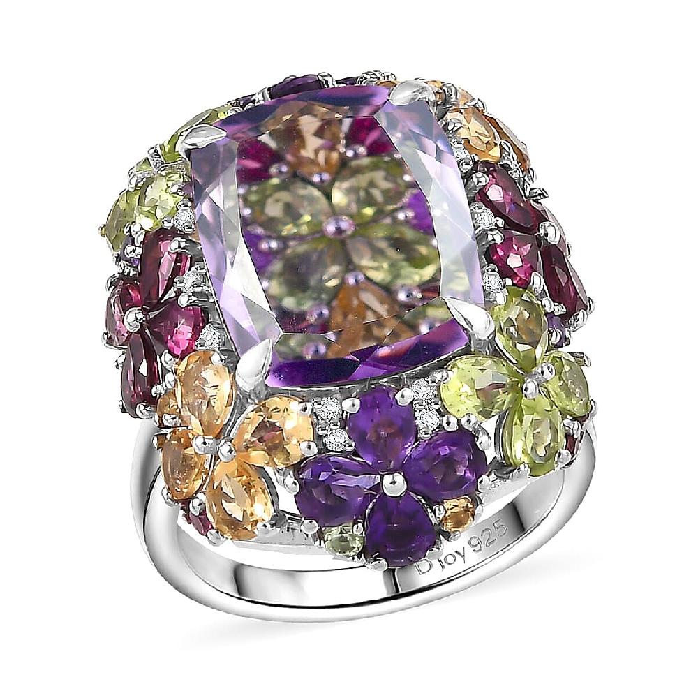 GP Italian Garden Collection Rose De France Amethyst Multi Gemstone Ring in Rhodium Over Sterling Silver 15.70 ctw