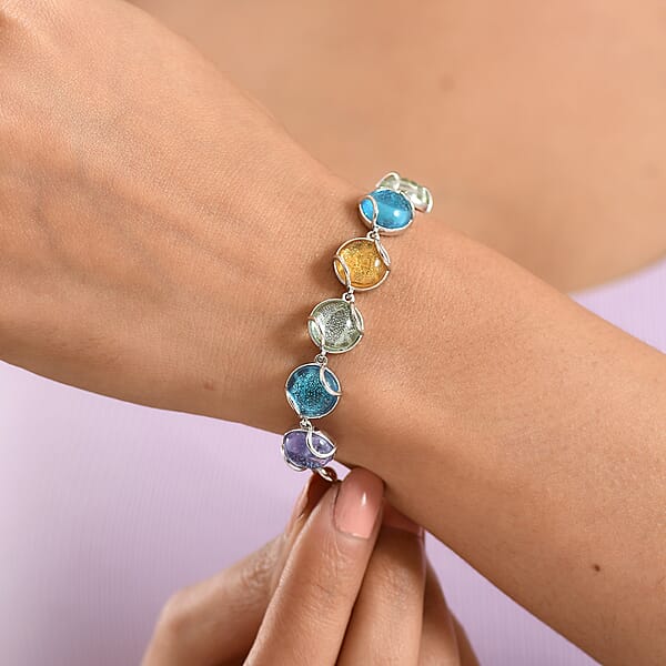 GP Italian Garden Special Multi Color Murano Style Bracelet In Rhodium Over Sterling Silv (6.50 In)