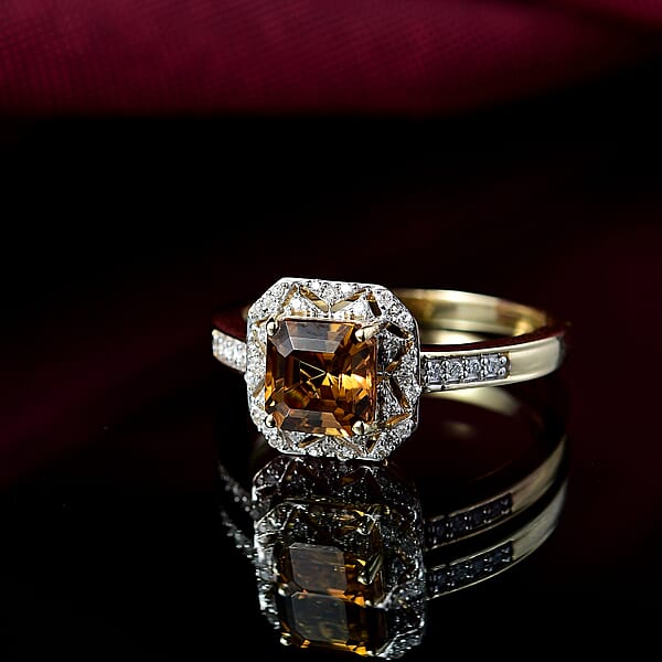 GP Royal Art Deco Collection AAA Asscher Cut Golden Turkizite Diamond Ring In 10K Yellow Gold 2.15 Ctw