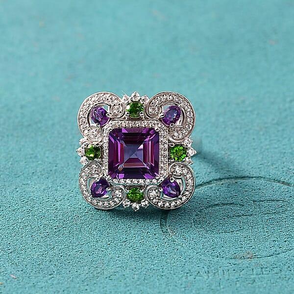GP Royal Art Deco Collection African Amethyst And Multi Gemstone 5.50 Ctw Ring In Rhodium Over Sterling Silver