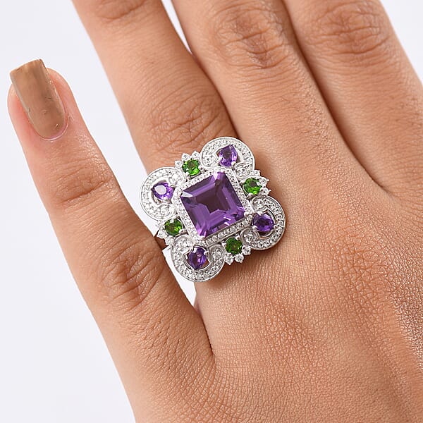 GP Royal Art Deco Collection African Amethyst And Multi Gemstone 5.50 Ctw Ring In Rhodium Over Sterling Silver