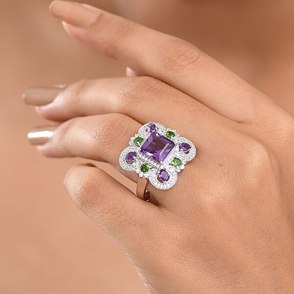 GP Royal Art Deco Collection African Amethyst And Multi Gemstone 5.50 Ctw Ring In Rhodium Over Sterling Silver