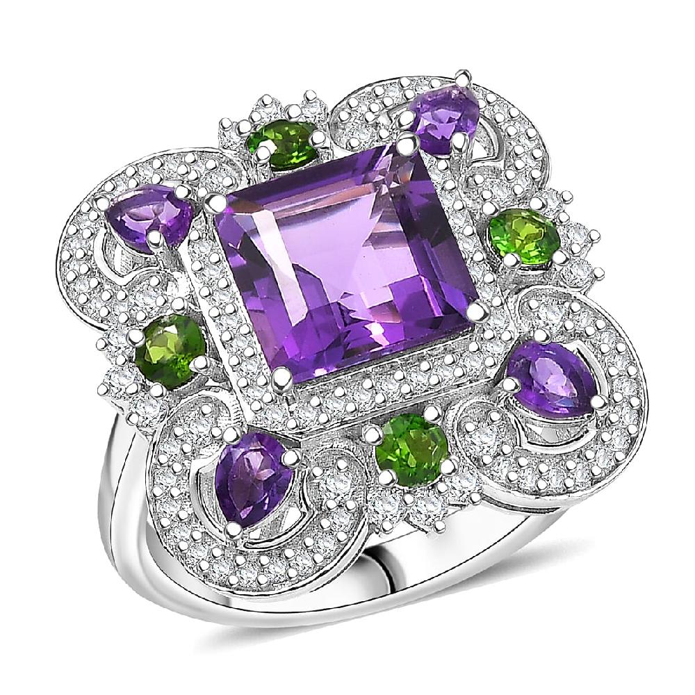 GP Royal Art Deco Collection African Amethyst and Multi Gemstone 5.50 ctw Ring in Rhodium Over Sterling Silver