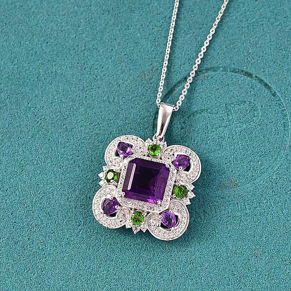 GP Royal Art Deco Collection African Amethyst Multi Gemstone Pendant Necklace In Rhodium Over Sterling Silver 5.65 Ctw (20 Inches)
