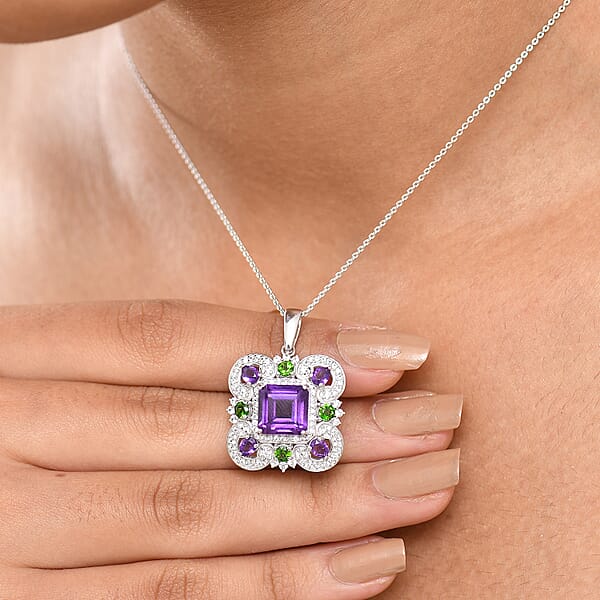 GP Royal Art Deco Collection African Amethyst Multi Gemstone Pendant Necklace In Rhodium Over Sterling Silver 5.65 Ctw (20 Inches)