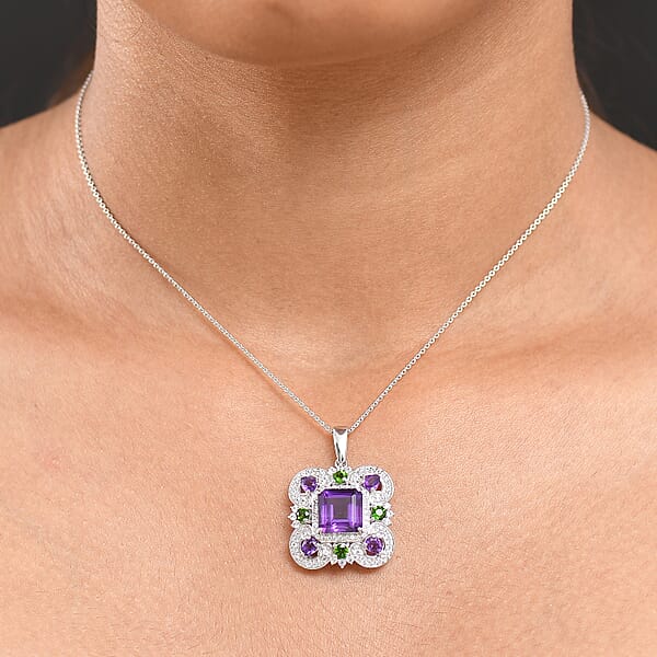 GP Royal Art Deco Collection African Amethyst Multi Gemstone Pendant Necklace In Rhodium Over Sterling Silver 5.65 Ctw (20 Inches)