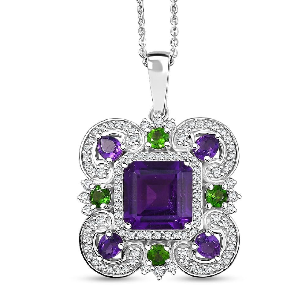 GP Royal Art Deco Collection African Amethyst Multi Gemstone Pendant Necklace in Rhodium Over Sterling Silver 5.65 ctw (20 Inches)
