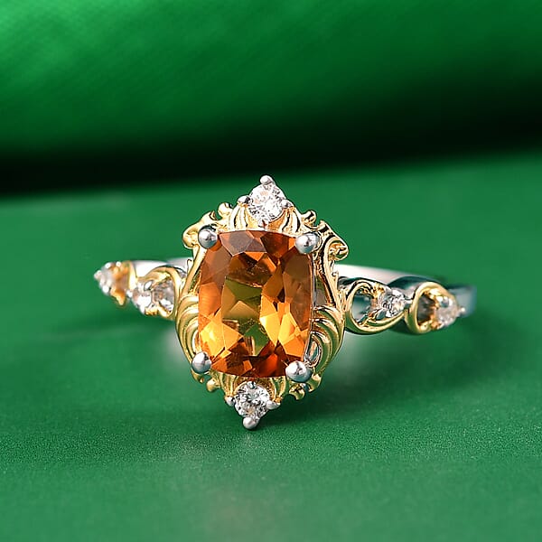 GP Royal Art Deco Collection Brazilian Citrine White Zircon Ring In 18K Vermeil YG And Rhodium Over Sterling Silver 1.60 Ctw