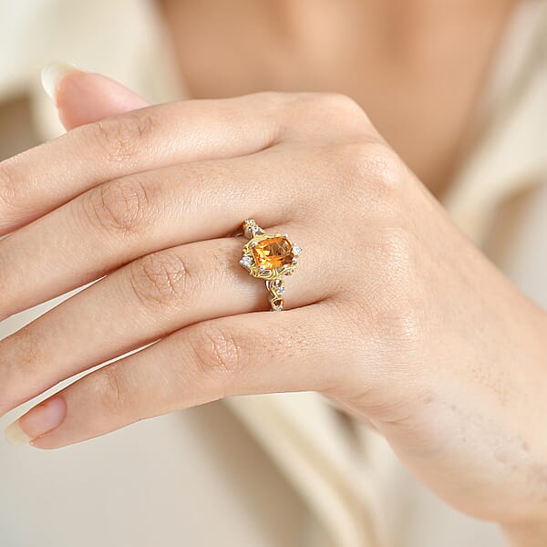 GP Royal Art Deco Collection Brazilian Citrine White Zircon Ring In 18K Vermeil YG And Rhodium Over Sterling Silver 1.60 Ctw